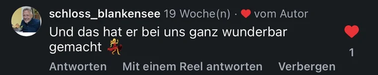 Instagram-Kommentar von Schloss Blankensee: 'Und das hat er bei uns ganz wunderbar gemacht'