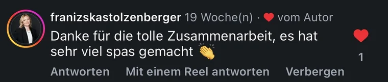 Instagram-Kommentar von Franziska Stolzenberger: 'Danke fuer die tolle Zusammenarbeit'